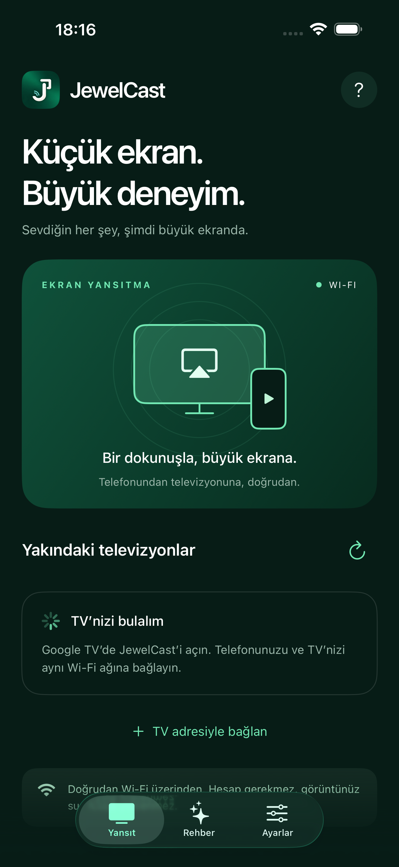 JewelCast’in gerçek iPhone ekranı: televizyon keşfi ve ekran yansıtma ana sayfası